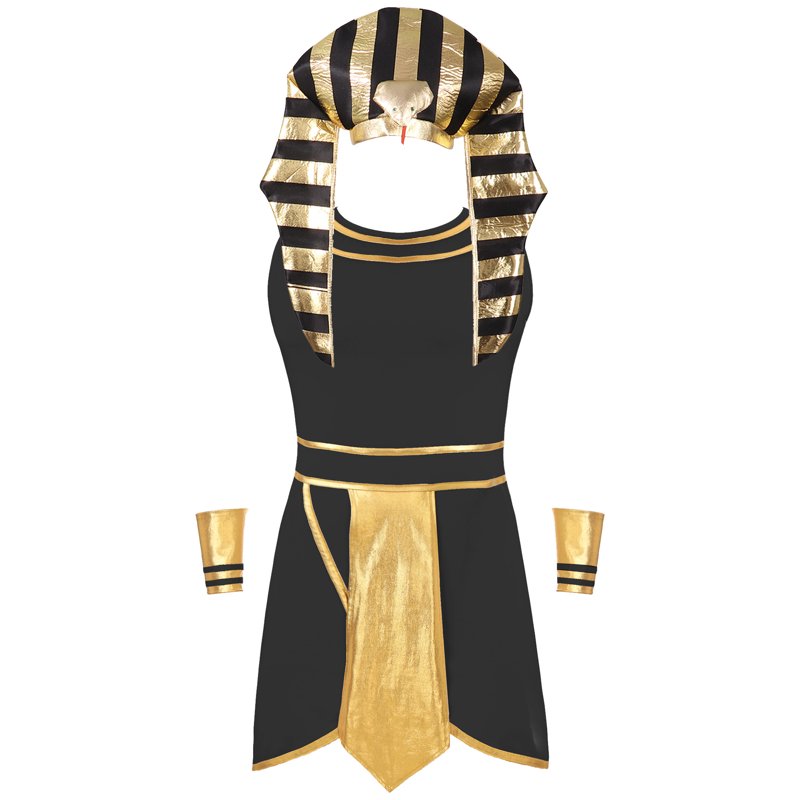 Men Egyptian Pharaoh Costume Set Black L - Sleeveless Dress, Snake Head Hat & Cuffs