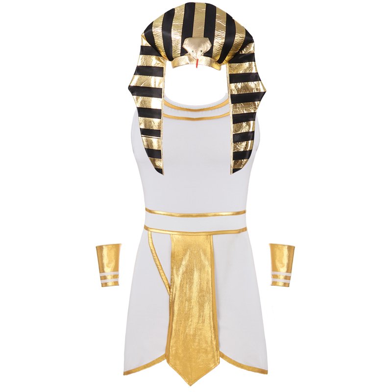Egyptian King Pharaoh Costume for Men White XL with Snake Head Hat and Cuffs