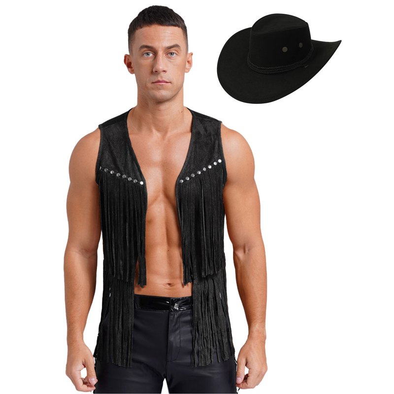 Men's Western Cowboy Costume Set with Tassel Rivet Waistcoat & Wide Brim Hat - Black, Large
