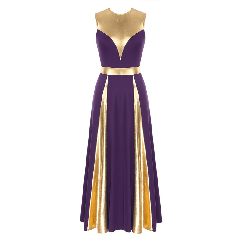 Women's Sleeveless Worship Dance Dress - Metallic Patchwork, Purple, XL