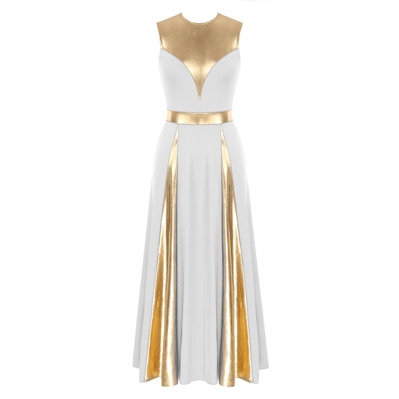 Women's Sleeveless Worship Dance Dress with Metallic Patchwork - White, M