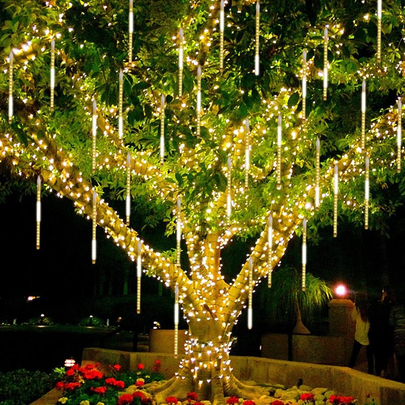 10cm Warm White Falling Rain Fairy String Lights - Waterproof Meteor Shower LED Icicle Cascading Lights for Xmas Wedding Party