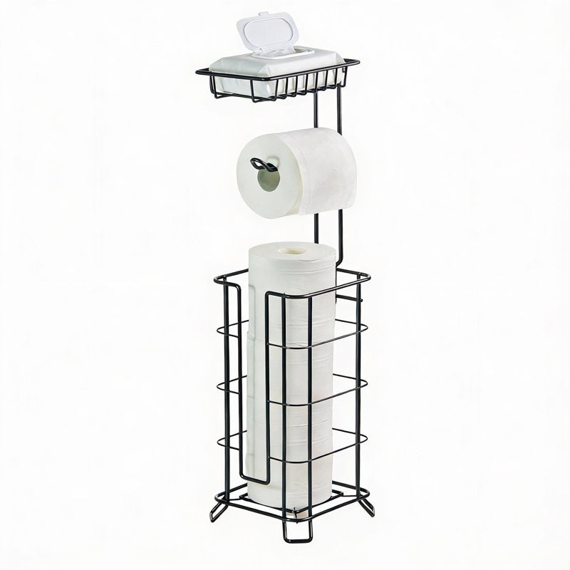Freestanding Toilet Paper Holder with Storage Shelf and Base, Black
