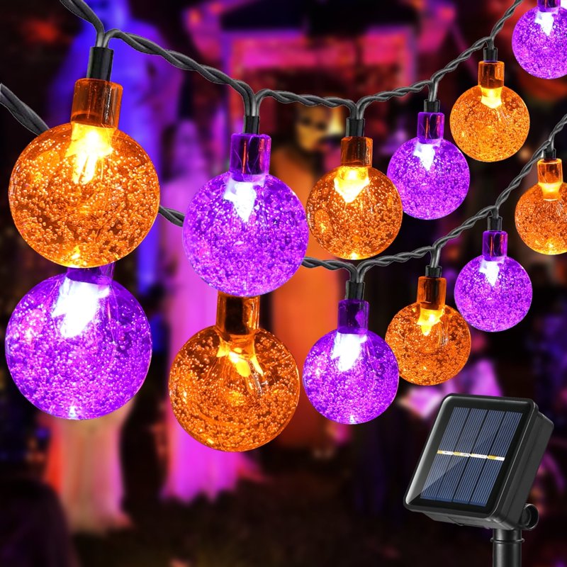Solar Halloween String Lights Outdoor 35.6ft 60 LED Globe Lights - Orange & Purple, Waterproof, 8 Modes