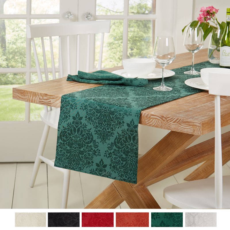 Lexington Damask Table Runner - 15" x 90" - Green, Stain Resistant