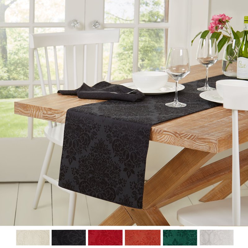 Lexington Table Runner 15"x72" - Stain Resistant Black Damask