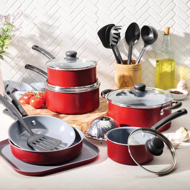 18-Piece Ceramic Cookware Set - Red, Easy Clean & Lightweight