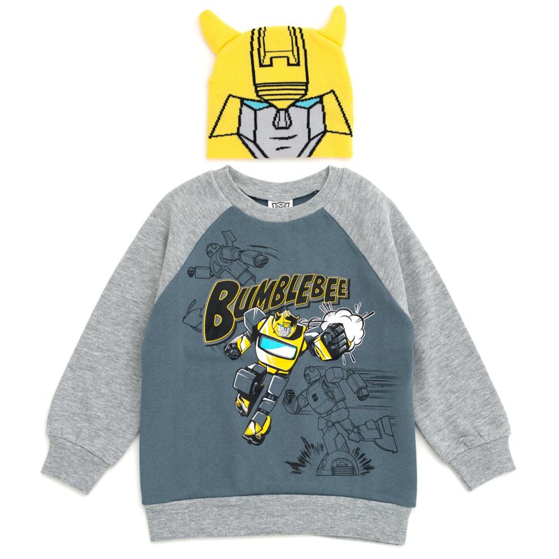 Transformers Bumblebee Fleece Sweatshirt and Cosplay Hat Set - Gray Yellow 10-12 Kids