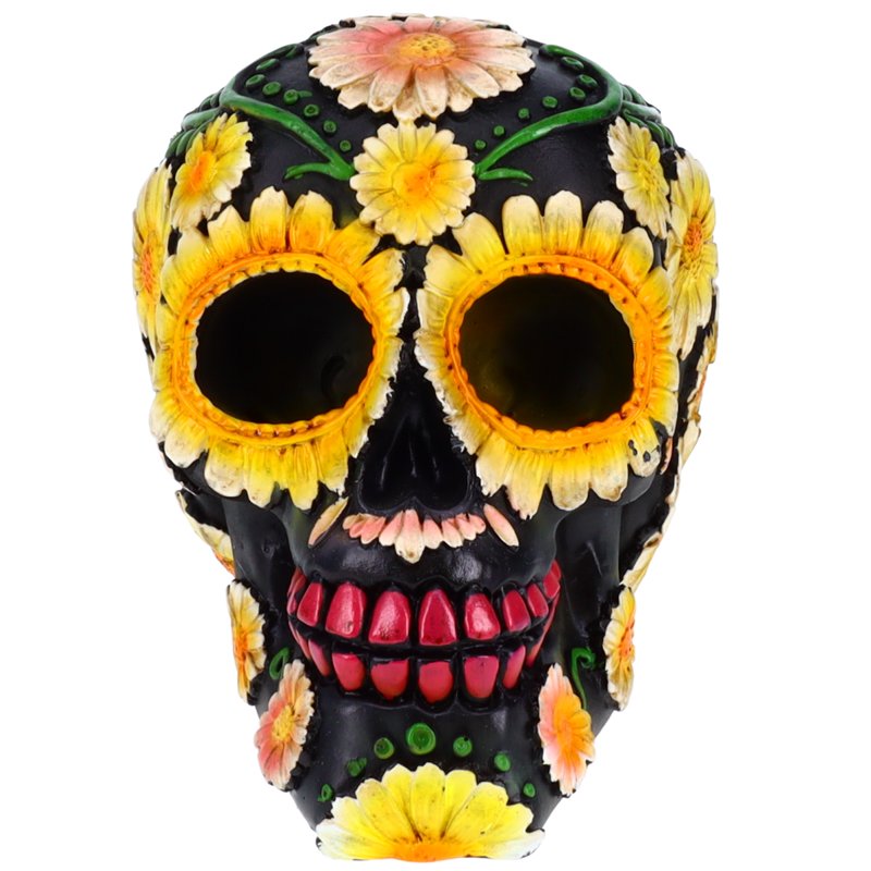 Day of the Dead Skull Decor - Black Sunflower Resin Skeleton Figurine