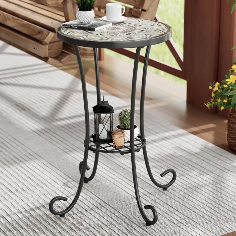 Outdoor Round Side Table with Shelf - Ceramic Tile Top, Iron Frame