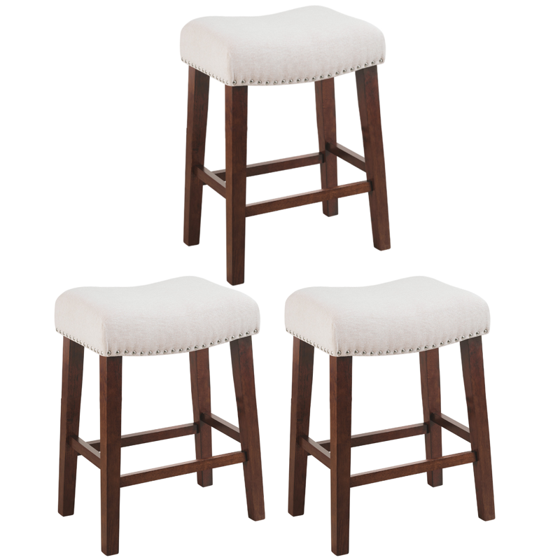 26" Counter Height Bar Stools Set of 3 - Beige Fabric Saddle Chairs