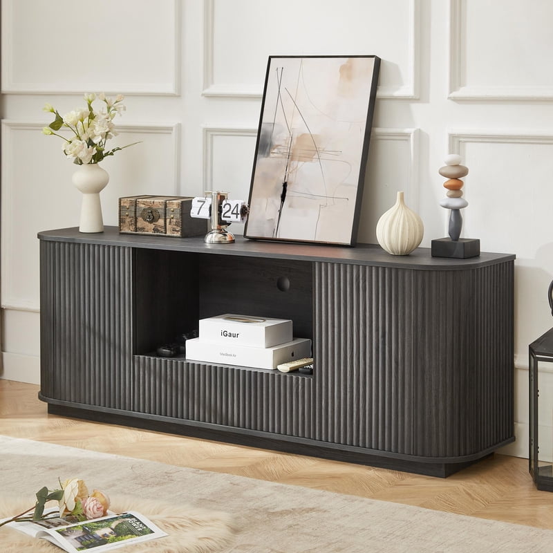 64" Fluted TV Stand - Modern Chic Entertainment Center - Black-Fluted