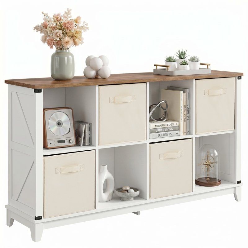 8-Cube Storage Organizer with 4 Bins - Farmhouse Wooden Bookshelf