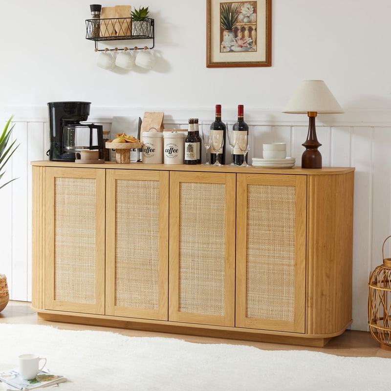 Media Console TV Stand for 64 Inch TV - Natural Oak with Rattan Doors