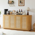 Media Console TV Stand for 64 Inch TV - Natural Oak with Rattan Doors