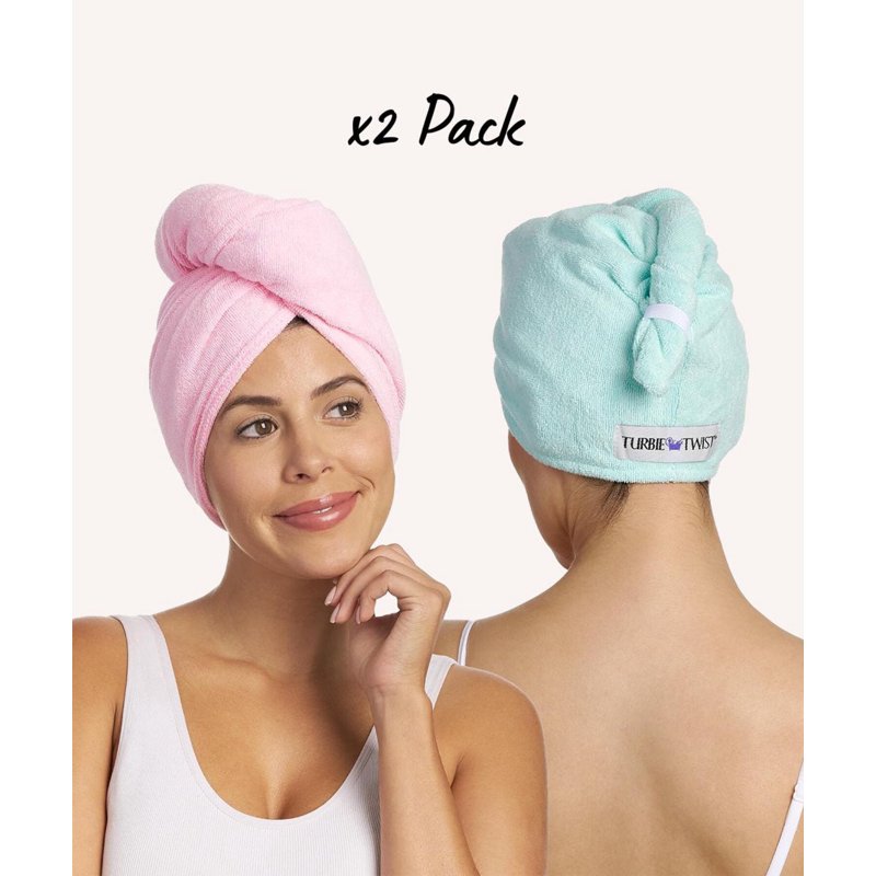 XL Pink Mint Microfiber Hair Towel Wrap 2 Pack - Extra Long & Quick Dry