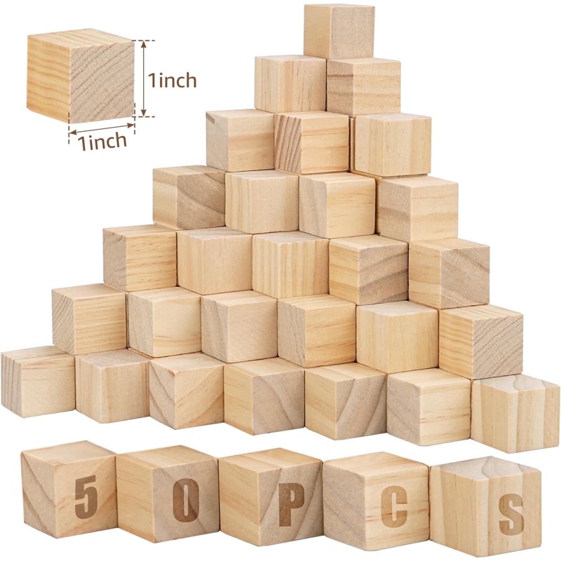 50PCS 1 Inch Wooden Blocks for Crafts Unfinished Pine Square Cubes DIY Toys