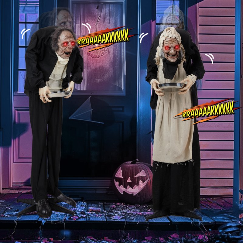 5ft Animated Halloween Waiter Decoration with Screaming Sound & LED Eyes