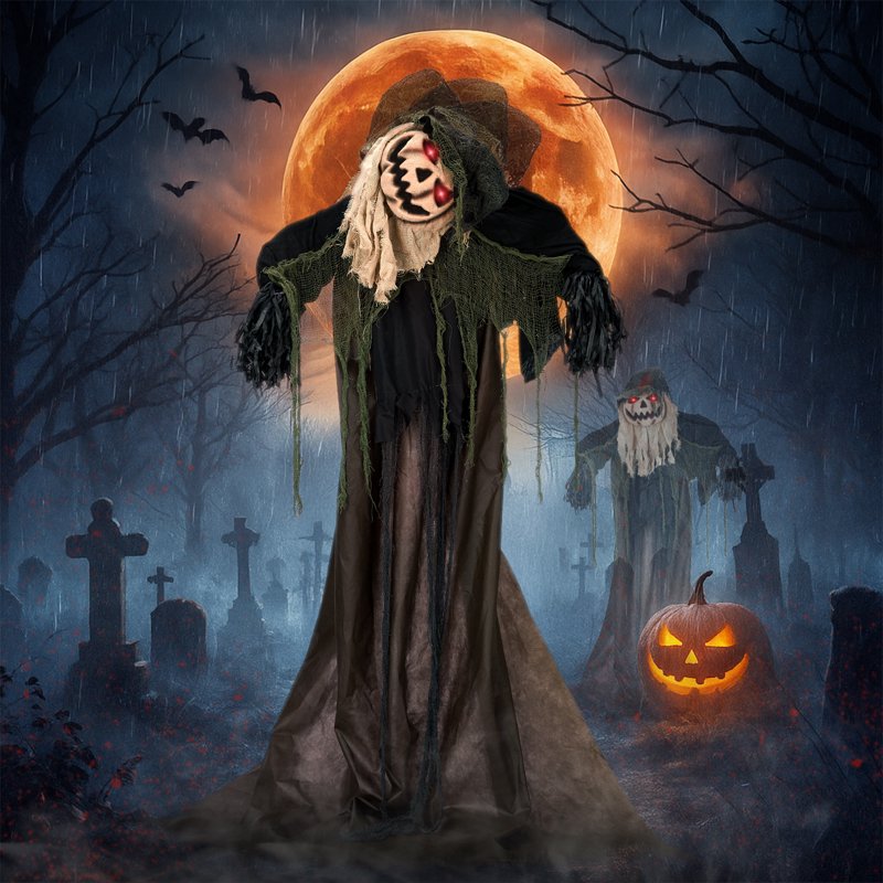 Halloween Crooked Pumpkin Man Animatronic Decoration - Life-Size Creepy Stand - Variation: Pumpkin Man with Crooked Head