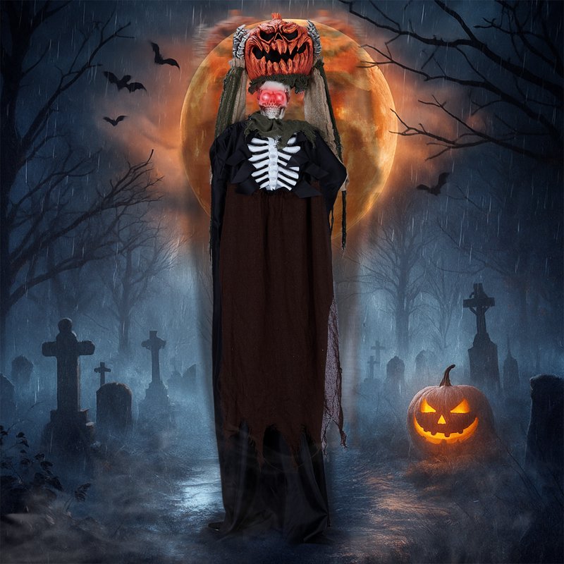 Halloween Animated Ghost with Pumpkin Head - 5.6ft Life-Size Haunted Decoration, Outdoor Animatronic