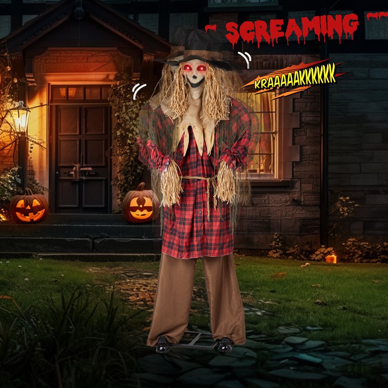 8ft Animated Halloween Scarecrow Decoration with LED Eyes and Screaming Sound