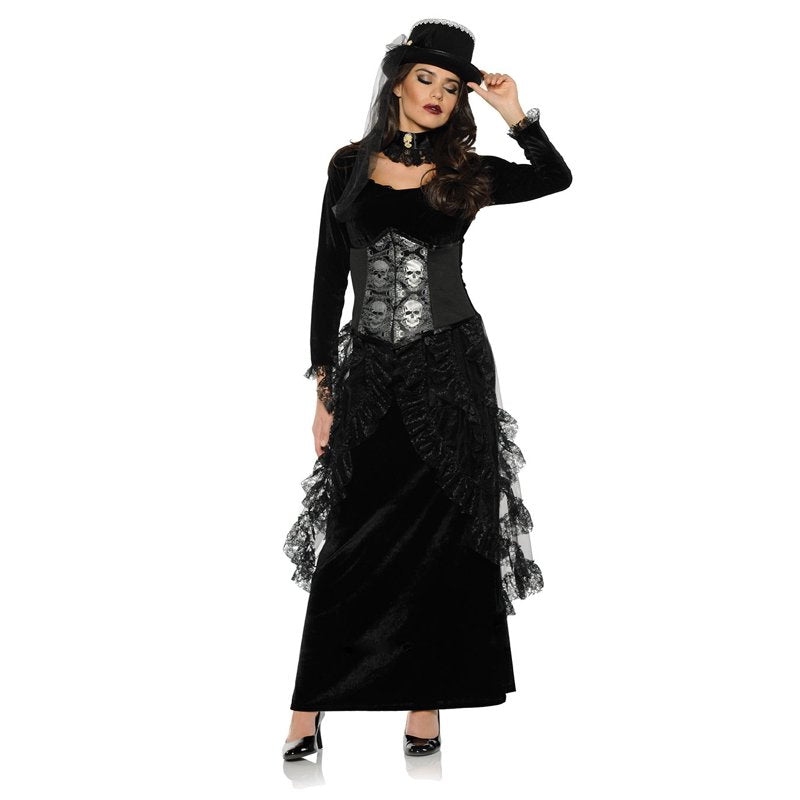Women's Gothic Victorian Vampire Costume XL Haunted Dark Mistress with Skull Jacard Cincher