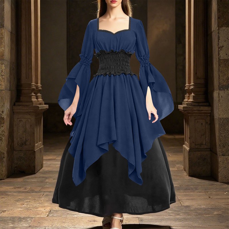 Navy Medieval Witch Dress with Mesh Bell Sleeves and Corset - XL, D36 Variation
