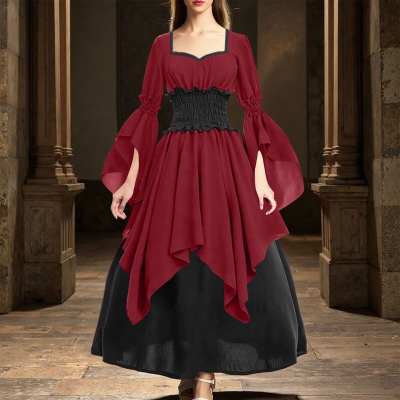 Women’s Medieval Fairy Dress with Bell Sleeves - XL, D36 Wine Variation