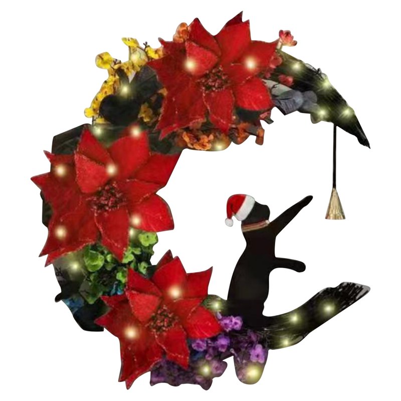 Moon Cat Farmhouse Wreath with Rose Garland for Indoor Outdoor Decor
