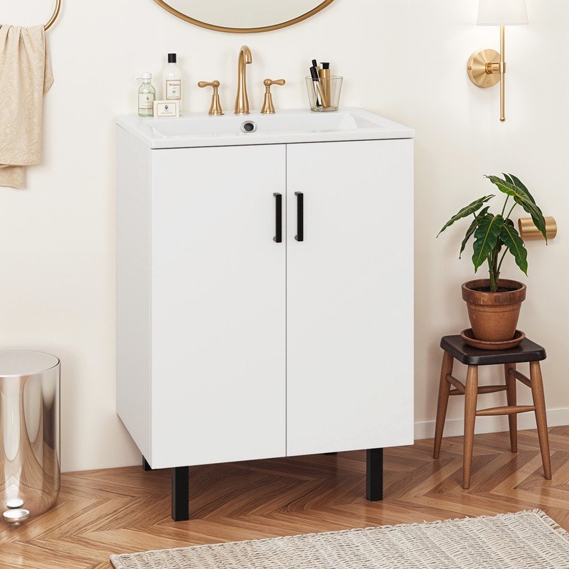 24 Inch White Bathroom Vanity with Undermount Ceramic Sink - Modern Free Standing Storage Cabinet with Soft Close Doors