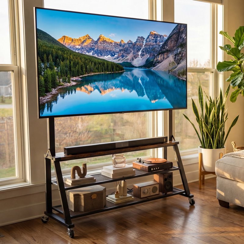 46" Rolling TV Stand with Lockable Wheels & Power Outlets - Mobile Cart for 32-75 Inch TVs