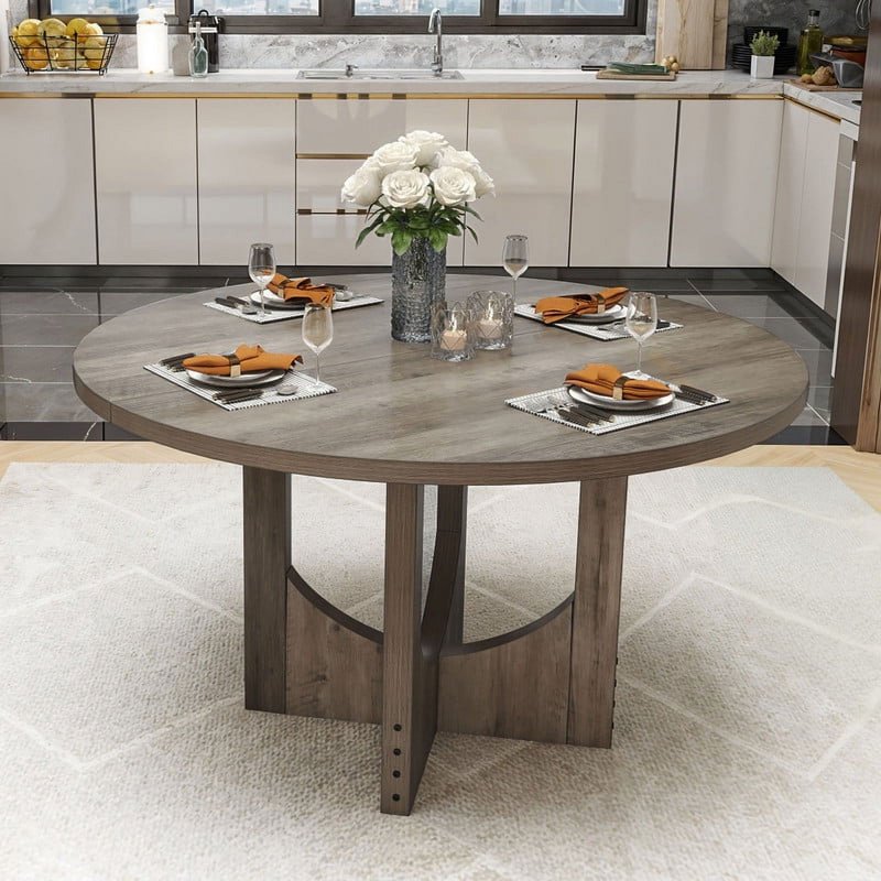 Round Dining Table for 6-8 Guests - Farmhouse Style, Grey Finish