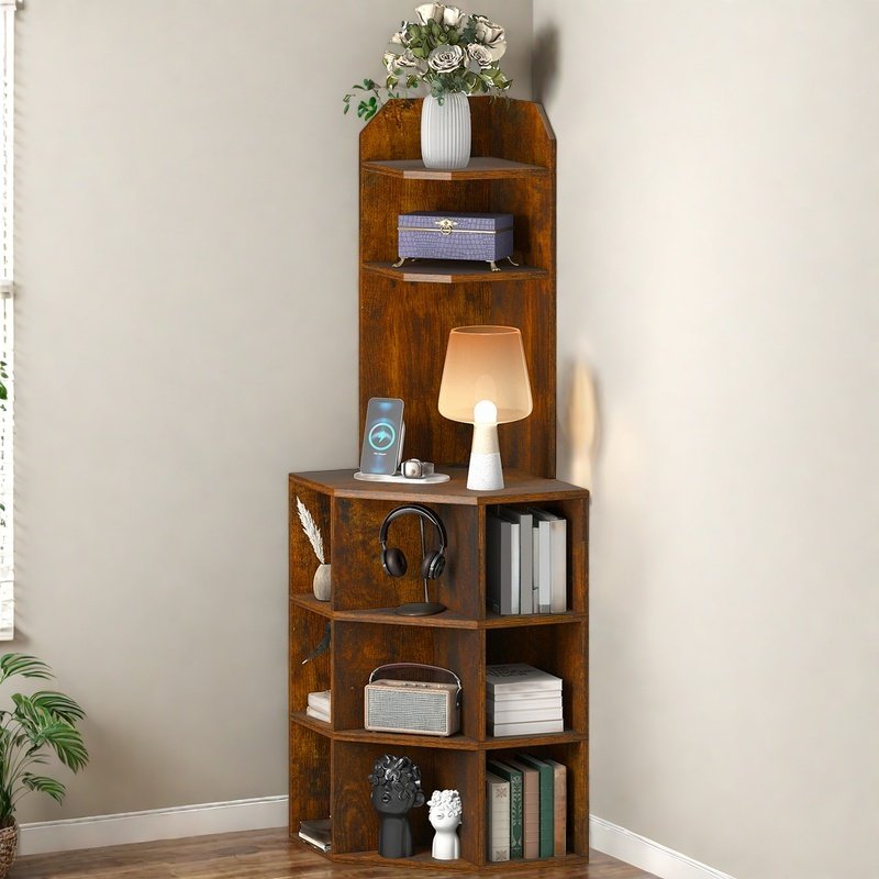 5-Tier Corner Shelf with USB Ports - Multi-Functional Bookcase