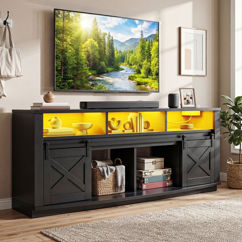 70" TV Stand with Power Outlet & LED Lights - Curved Entertainment Center