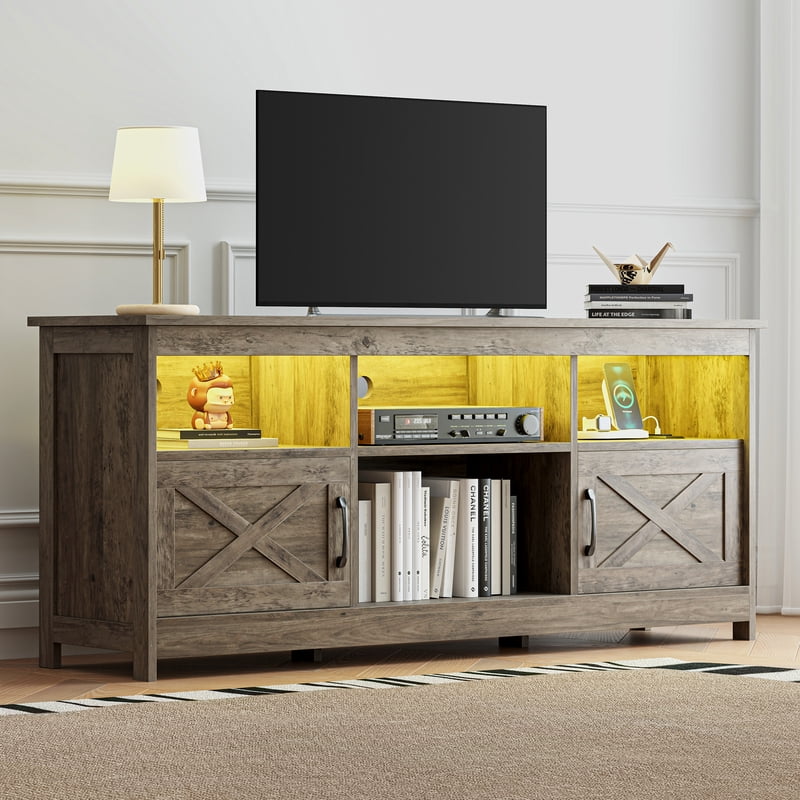 Farmhouse-Inspired TV Stand with LED Lights & Power Outlet - 59 Inch