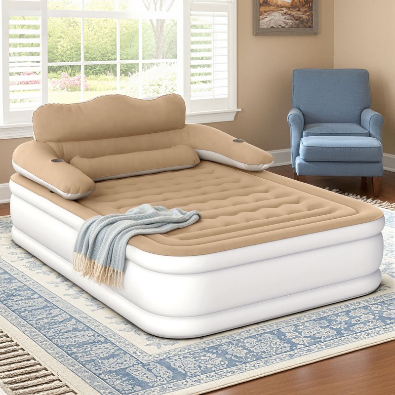 Brown FullXL Air Mattress with Headboard & Pump - Queen Size Camping Bed