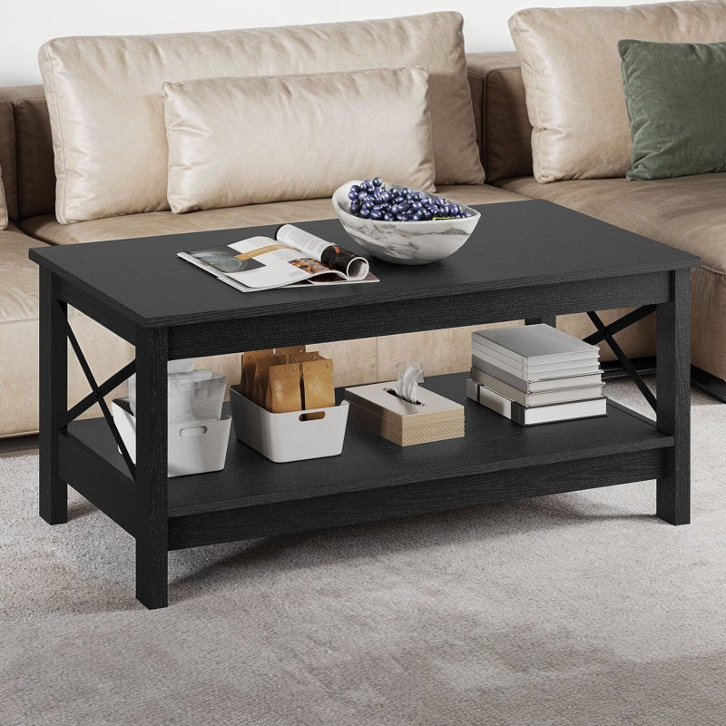 Modern Black Coffee Table with 2-Tier Storage Shelf
