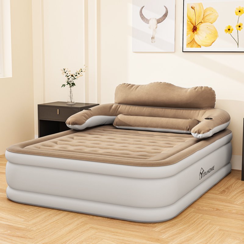 Queen Air Bed with Headboard and Pump - Brown & Queen Variation