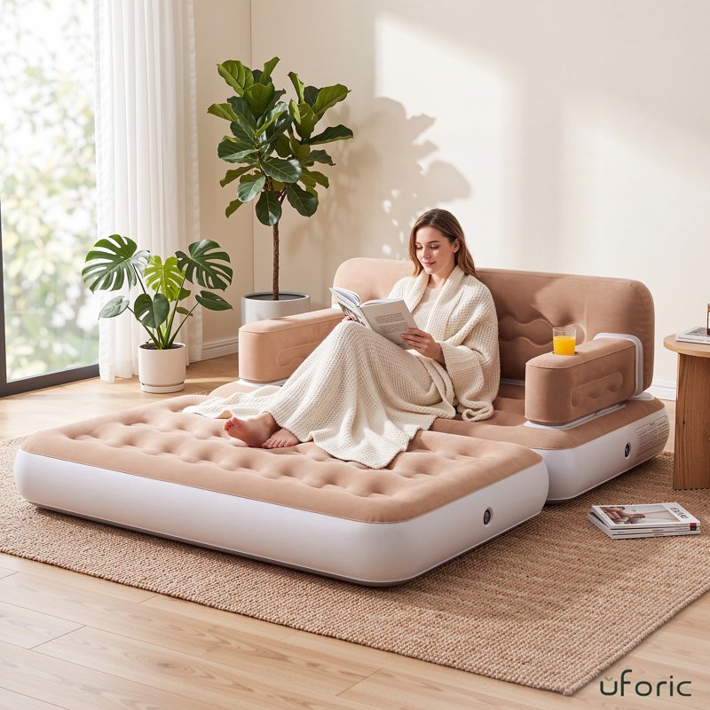Queen Size 2-in-1 Inflatable Air Sofa Bed with Wave Headboard & Cup Holders - Khaki, Style4