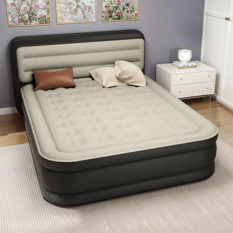 Gray Queen Size Air Mattress with Built-In Headboard & Pump - 18in Deluxe Flocked Top
