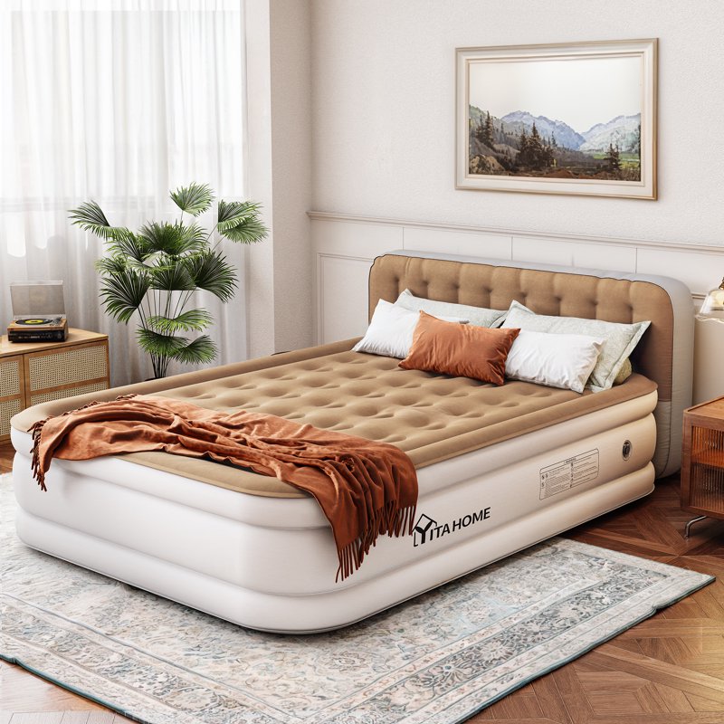 Queen Size Inflatable Air Mattress with Pump & Headboard - Brown Vertical Grain Variation