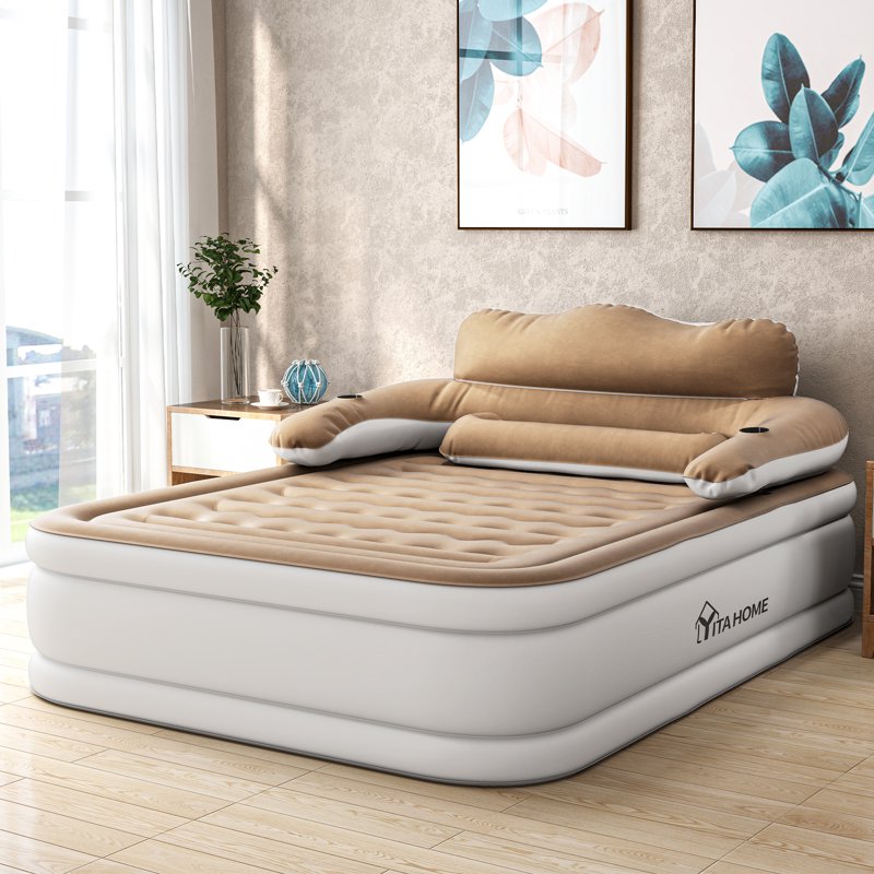 Queen Size Inflatable Air Mattress with Headboard & Built-In Electric Pump - Brown, Variation of Queen Brown-Style2