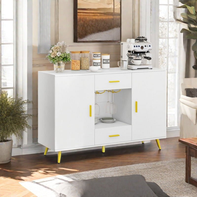 Modern Sideboard Buffet Cabinet with Wine Glass Holder - White