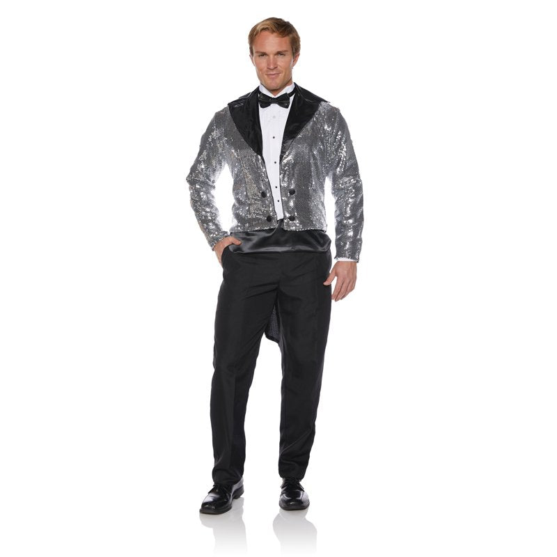 Men's Sequin Tails Costume Satin XXL Silver - Underwraps Holiday Dress-Up