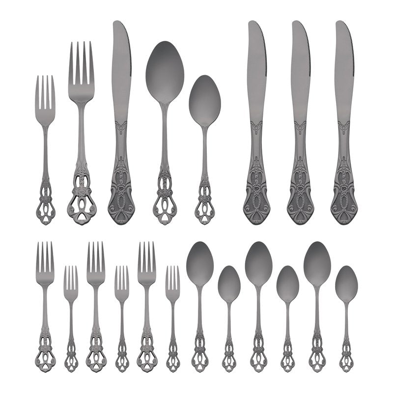 20-Piece Stainless Steel Floral Flatware Set - Black