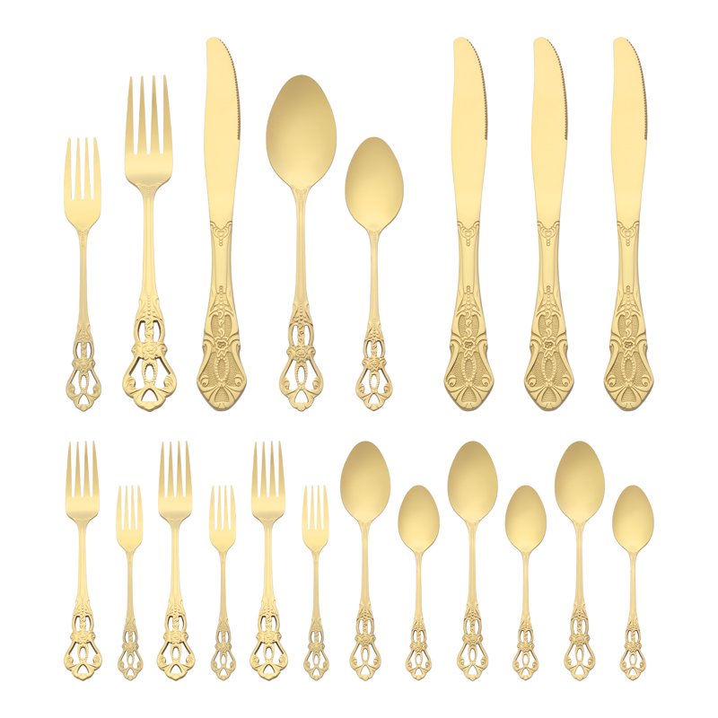 20-Piece Stainless Steel Floral Flatware Set - Gold