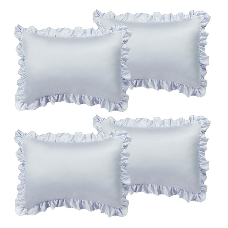 Satin Ruffled Edge Pillow Shams Set - Standard Size, Silver, 4 Pieces