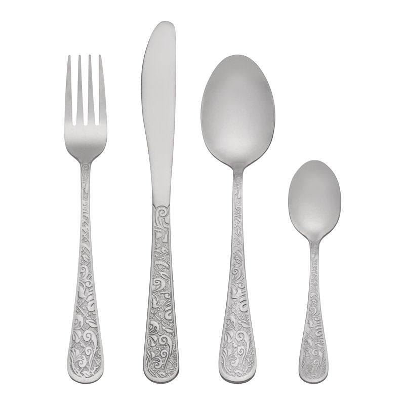 4 Piece Stainless Steel Floral Flatware Set - Silver