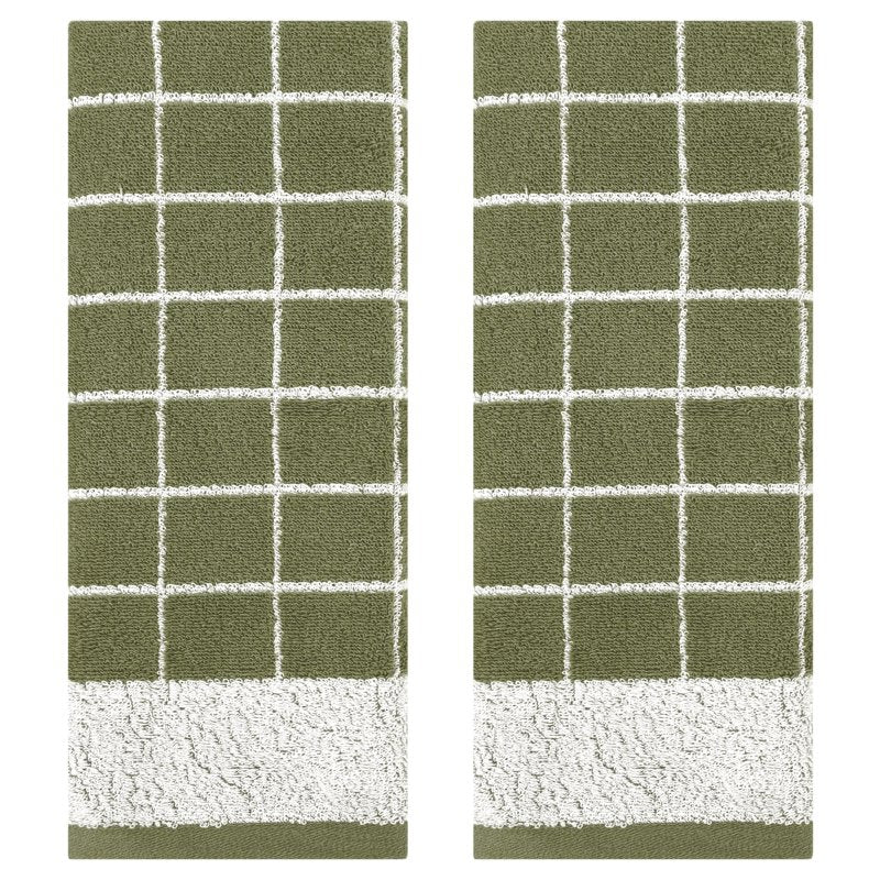 Green Checkered Cotton Hand Towel Set - 2 Pieces, Soft & Absorbent