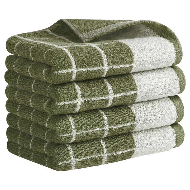 Checkered Cotton Hand Towel Set - Green 4-Piece Bathroom & Kitchen Towels